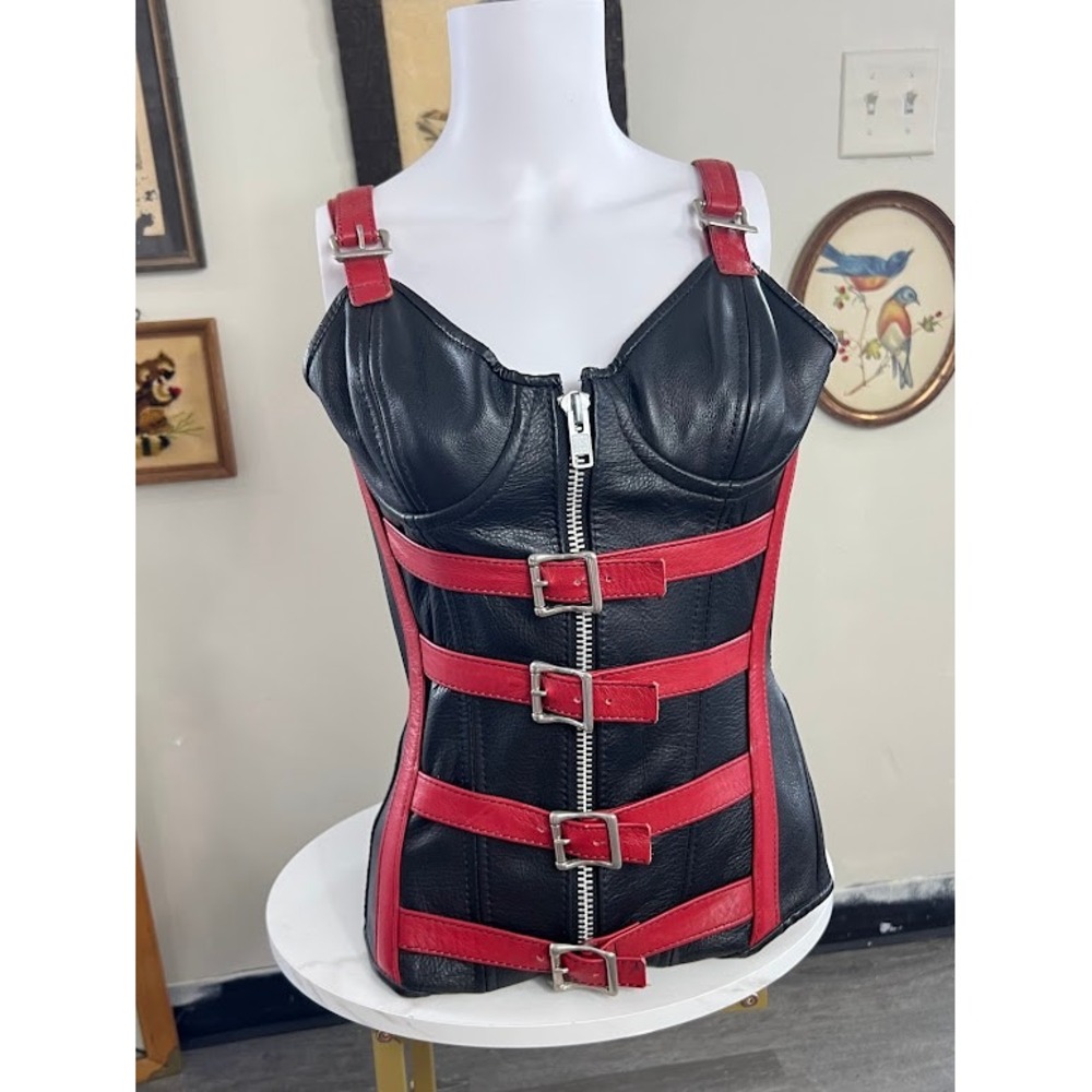 Stormy Leather Vintage 90s Black Red Buckle Zip Corset Top Goth Large